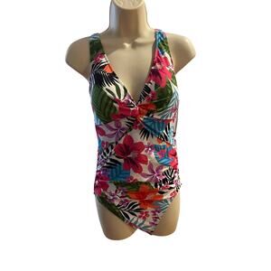 SWIM SOLUTIONS, SIZE 10, FLORAL ONE PIECE SWIMSUIT
